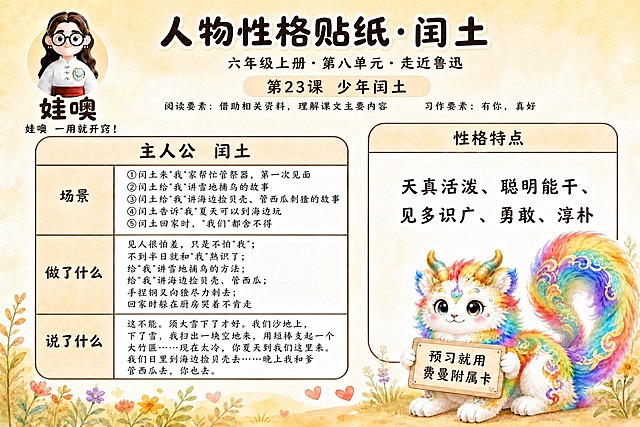 参考图1的标准版式，生成六年级人物性格贴纸学习卡。整体版式结构、配色、品牌头像、神兽形象、装饰元素风格完全沿用参考图，替换文字内容为《少年闰土》课文。

【替换内容，全部精确呈现】
- 顶部大标题："人物性格贴纸·闰土"
- 年级单元："六年级上册·第八单元·走近鲁迅"
- 课名标签："第23课 少年闰土"
- 阅读要素："借助相关资料，理解课文主要内容"
- 习作要素："有你，真好"
- 主人公表头："主人公  闰土"
- 场景内容："①闰土来'我'家帮忙管祭器，第一次见面 ②闰土给'我'讲雪地捕鸟的故事 ③闰土给'我'讲海边捡贝壳、管西瓜刺猹的故事 ④闰土告诉'我'夏天可以到海边玩 ⑤闰土回家时，'我们'都舍不得"
- 做了什么内容："见人很怕羞，只是不怕'我'；不到半日就和'我'熟识了；给'我'讲雪地捕鸟的方法；给'我'讲海边捡贝壳、管西瓜；手捏钢叉向猹尽力刺去；回家时躲在厨房哭着不肯走"
- 说了什么内容："这不能。须大雪下了才好。我们沙地上，下了雪，我扫出一块空地来，用短棒支起一个大竹匾……现在太冷，你夏天到我们这里来。我们日里到海边捡贝壳去……晚上我和爹管西瓜去，你也去。"
- 性格特点内容："天真活泼、聪明能干、见多识广、勇敢、淳朴"

【版式完全保留】
- 左上角品牌头像+娃噢+slogan
- 左侧三行两列表格（场景/做了什么/说了什么）
- 右侧性格特点大框
- 右下角彩虹九尾瑞兽举木牌"预习就用费曼附属卡"
- 底部花草爱心装饰
- 暖色调水彩手绘风，A4横版，文字清晰可读，排版整齐