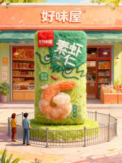 把图片产品做成充满创意和梦幻色彩的绘本风格的巨型毛毡艺术卡通风格雕塑放置在画面中心（产品的包装保持不变），人物站在一旁欣赏（与巨型产品形成比例反差），围栏隔离展示，背景是“好味屋”零食店门口预览效果
