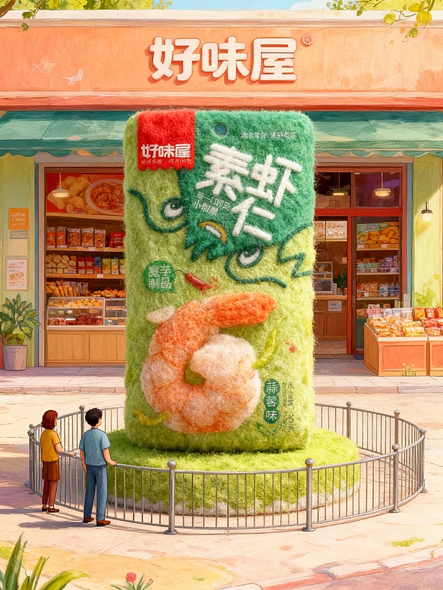 把图片产品做成充满创意和梦幻色彩的绘本风格的巨型毛毡艺术卡通风格雕塑放置在画面中心（产品的包装保持不变），人物站在一旁欣赏（与巨型产品形成比例反差），围栏隔离展示，背景是“好味屋”零食店门口