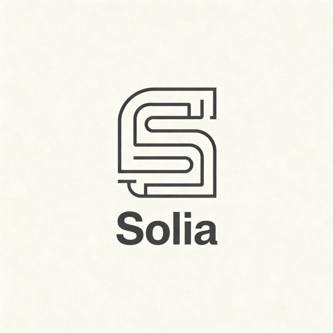 设计一个极简主义风格的商业标志，采用纯色背景（如浅灰或米白），主体由抽象几何线条构成，线条粗细均匀、轮廓清晰，整体造型可变形成不同商品类别（如食品、科技、时尚等）的象征性图案；下方搭配无衬线字体的品牌名称“Solia”，字母间距适中、字重统一，文字与图形保持视觉平衡；整体构图居中对称，留白充足，强调现代感与辨识度，避免任何电话、地址、二维码或多余装饰元素。预览效果