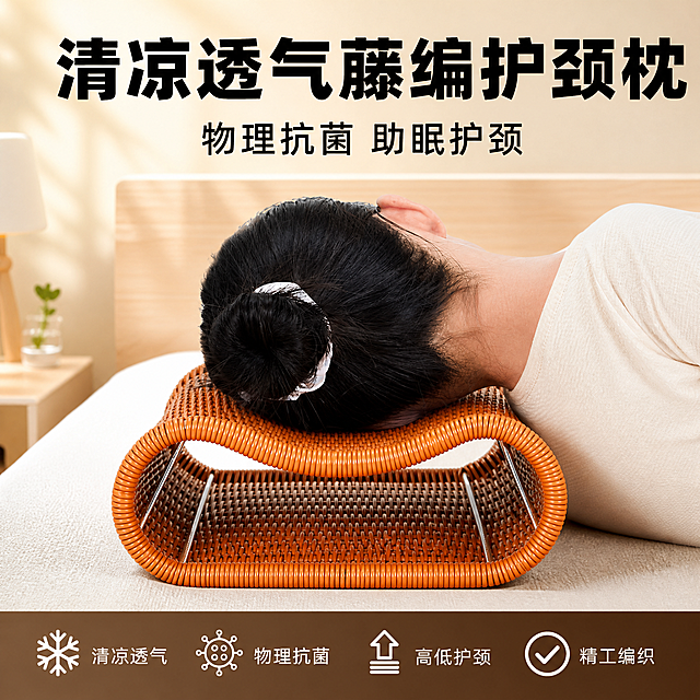[单张主图] 商品名称为藤编护颈枕，走爆款促销感主图路线，目标是突出产品卖点吸引点击。
[画面主体] 产品主体为棕色藤编镂空护颈枕，保持产品外观（物理结构、材质质感、颜色）与输入产品图绝对一致，杜绝任何变形和色差，精细化处理。人物颈部使用示范，展示产品贴合颈椎的使用效果。产品主体占画面比例约60%，居中摆放，清晰完整。
[构图版式] 采用顶部大标题型版式，顶部28%区域放置品牌位和主标题，中部放置产品主体占比约55%，底部放置20%高度的通栏信息条。
[场景元素] 背景为简约干净的浅木纹卧室场景，浅原木色床头板做衬托，保留充足留白。添加轻图标承接核心卖点。
[文案版式] 顶部主标题大字文案："清凉透气藤编护颈枕"，黑色粗体无衬线，字号最大；下方小字辅助文案："物理抗菌 助眠护颈"，字号缩小一半。底部通栏信息条分四列左对齐，每列一个卖点：
第一列「❄ 清凉透气」
第二列「🦠 物理抗菌」
第三列「🔝 高低护颈」
第四列「✅ 精工编织」
文字均为白色，背景为深棕色渐变，文字清晰对比强烈，所有文字不遮挡产品主体。
[光影质感] 主光为柔和的侧向自然光从左侧进入，光线均匀通透，右侧辅以浅反光补光，产品藤编纹理形成自然阴影，突出镂空透气结构，画面整体清晰真实，商业摄影质感，背景虚化突出主体。
[配色字体] 主色调提取产品本身的棕橙色，辅助色为浅木色米白色，强调色为深棕色，字体采用粗黑无衬线字体，层级对比清晰。
[比例分辨率] 1:1比例，2048px * 2048px，分辨率为2K，文字清晰可辨。
[负向提示词] 变形，水印，错字，糊字，伪Logo，主体遮挡，背景杂乱，低清晰度，错误结构，文字错乱，产品模糊。