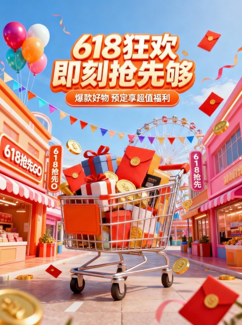 将图中房屋上的所有双11字样都改为618，天空添加些许白云，增强标题的视觉引导，同时放大突出中间的购物车和礼品预览效果