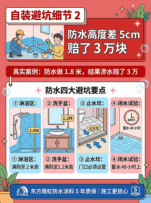 小红书风格家居装修科普海报，主题为自装避坑细节2：防水高度差5cm，赔了3万块，左侧有防水施工卡通图标，醒目红色警示标题，下方列出淋浴区2米高、洗手盆1.2米高、止水坎、48小时闭水试验的避坑要点，搭配真实案例文字“防水做1.8米，结果渗水赔了3万”，底部有“东方雨虹防水涂料5年质保”的品牌宣传，整体风格和前面海报统一，清晰实用