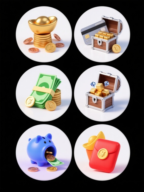 6个3D渲染的财富主题图标系列，保持统一的高细节C4D风格、光滑金属质感和纯色背景，每个图标包含不同的核心元素：1. 金色元宝堆叠与散落的铜钱，2. 银色银行卡与信用卡叠放搭配金币，3. 打开的宝箱溢出钻石与金条，4. 绿色钞票卷成捆状环绕硬币，5. 蓝色储蓄罐倾倒出硬币与纸币，6. 红色红包与金元宝组合。所有图标采用相同的光影处理（顶部柔和光源、清晰边缘高光、轻微底部阴影），统一的圆形构图，……预览效果