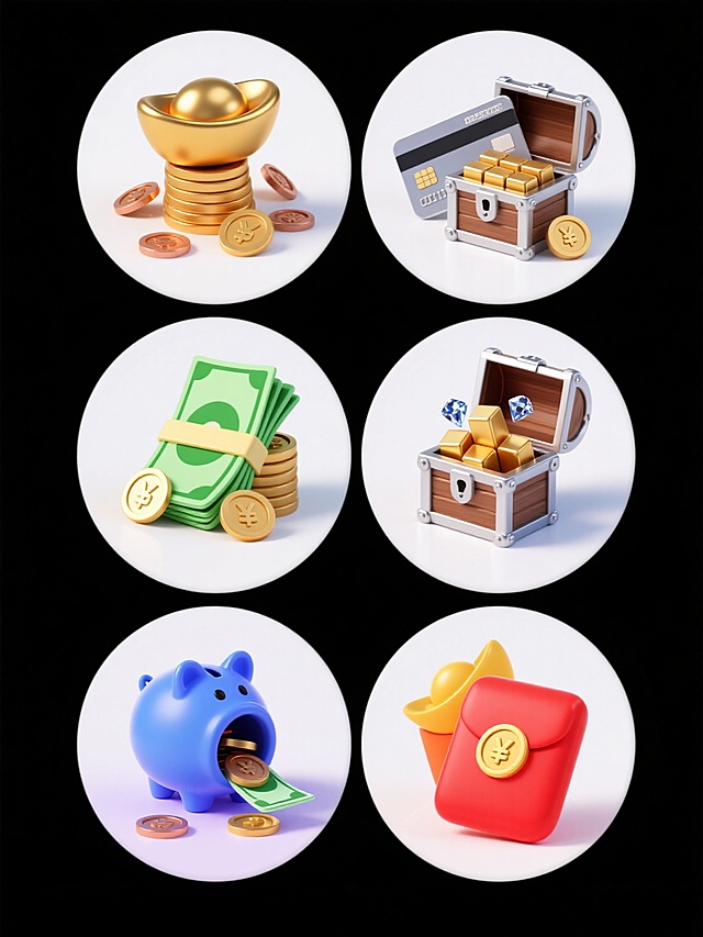 6个3D渲染的财富主题图标系列，保持统一的高细节C4D风格、光滑金属质感和纯色背景，每个图标包含不同的核心元素：1. 金色元宝堆叠与散落的铜钱，2. 银色银行卡与信用卡叠放搭配金币，3. 打开的宝箱溢出钻石与金条，4. 绿色钞票卷成捆状环绕硬币，5. 蓝色储蓄罐倾倒出硬币与纸币，6. 红色红包与金元宝组合。所有图标采用相同的光影处理（顶部柔和光源、清晰边缘高光、轻微底部阴影），统一的圆形构图，在白色背景上呈2×3网格规整排布，整体色调分别调整为金红、银蓝、绿金、蓝紫、红黄、橙金的和谐配色方案，保持元素的立体感和材质细节一致性。