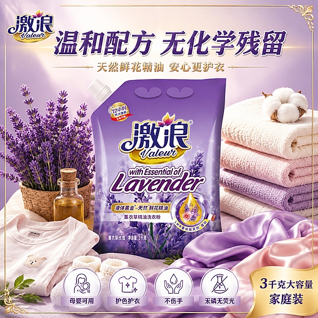 [主图-5] 温和配方无化学残留品质图，家庭安心使用决策转化。
[氛围风格] 紫色温馨安心风，家庭友好感，温和洁净品质感。
[画质] 商业摄影质感，光线柔和温暖，产品清晰真实，画面干净温馨。
[元素] 画面中央放置激浪薰衣草精油洗衣粉产品袋，产品外观与输入图完全一致，占画面约55%。产品前方摆放着柔软的婴儿衣物、纯棉毛巾、丝绸围巾等多种面料衣物，展示温和配方适合各类衣物。旁边有薰衣草花束、天然精油滴瓶、绿叶等天然元素点缀。背景是柔和的浅紫色渐变，带有淡淡的光晕效果。底部有柔软的布料纹理台面。画面四周有细微金色装饰角。
[光影] 顶部柔和主光，四周补光均匀，整体温暖明亮，产品立体有质感，衣物柔软蓬松，光影柔和无硬边。
[配色] 主色调浅紫、柔粉、米白；辅助色金色、绿色植物、天然木色。
[视角构图] 正面微俯视，产品居中，周围衣物和天然元素呈半圆形环绕，层次丰富，视觉中心突出。
[文字版式] 顶部大标题"温和配方 无化学残留"，深紫色粗体大字带白色描边。标题下方金色横线装饰，中间小字"天然鲜花精油 安心更护衣"。底部四列图标+文字，从左到右："母婴可用""护色护衣""不伤手""无磷无荧光"，深紫色文字配白色圆形图标底。右下角金色标签"3千克大容量 家庭装"。左上角放置"激浪 Valeur"品牌logo。
[输出要求] 1:1比例，文字清晰可辨，超高清商业摄影质感。
[负向提示词] 变形，文字错乱，产品图模糊，背景杂乱，水印，电商平台Logo，多余的手，畸形手。