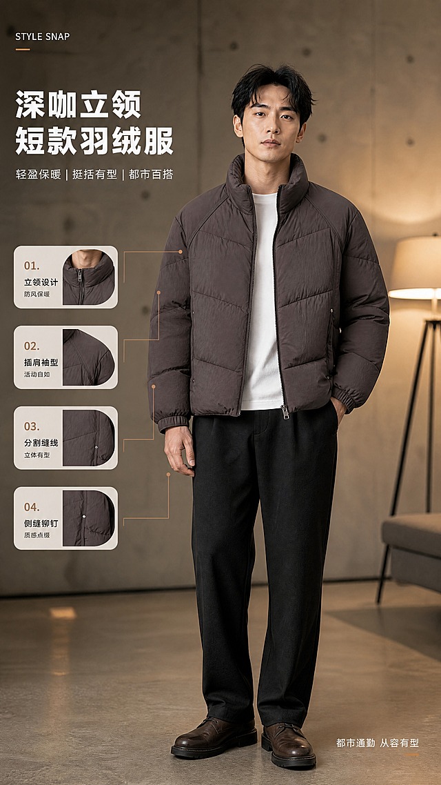 [商品] 使用【图1】深咖色男士立领短款羽绒服；商品处理：保留立领、拉链、插肩袖结构、衣身分割缝线、侧缝铆钉装饰、袖口松紧、下摆版型和深咖色面料；自然去除衣身杂乱褶皱，理顺垂坠，增强面料肌理、缝线、拉链五金和蓬松羽绒质感，不改变版型和结构；穿着在亚洲男士模特身上，展示真实上身效果。
[画面] 目标为主造型模特展示页，突出上身版型与穿搭效果；竖版构图，亚洲男士模特（25-35岁，轻熟气质）正面站立，占画面约70%，身穿深咖色立领羽绒服，内搭白色简约T恤，下配深色休闲裤，脚穿棕色皮鞋；场景为高级感都市室内空间（极简水泥墙+暖光落地灯），模特姿态自然放松，一手插兜一手自然下垂；背景虚化，突出人物与服装。
[视觉] 套系策略：风格=高级都市轻熟风商业摄影；标题字=现代无衬线粗体（思源黑体Heavy）；正文字=简洁无衬线体（思源黑体Regular）；主色=深咖棕；背景延展=基于深咖棕做深浅层级、同色渐变和细腻水泥墙/哑光纸张质感；强调色=暖驼色，仅用于小面积图标、引线和标签；标题色=米白色；正文色=浅暖灰；组件=圆角浅底信息卡、细线引线、极简标签；光影=左前侧暖柔光，右侧柔和补光，产品轮廓清晰有层次。
[文字] 左上角小号英文装饰「STYLE SNAP」，右下角极短氛围文案「都市通勤 从容有型」；文字量少，不遮挡服装主体和模特身形，所有文字横排。
[规格] 图片比例9:16竖版，4K分辨率，避免变形、错字、文字过小、颜色改变、版型失真、冷蓝背景、模特面部模糊、姿态僵硬。