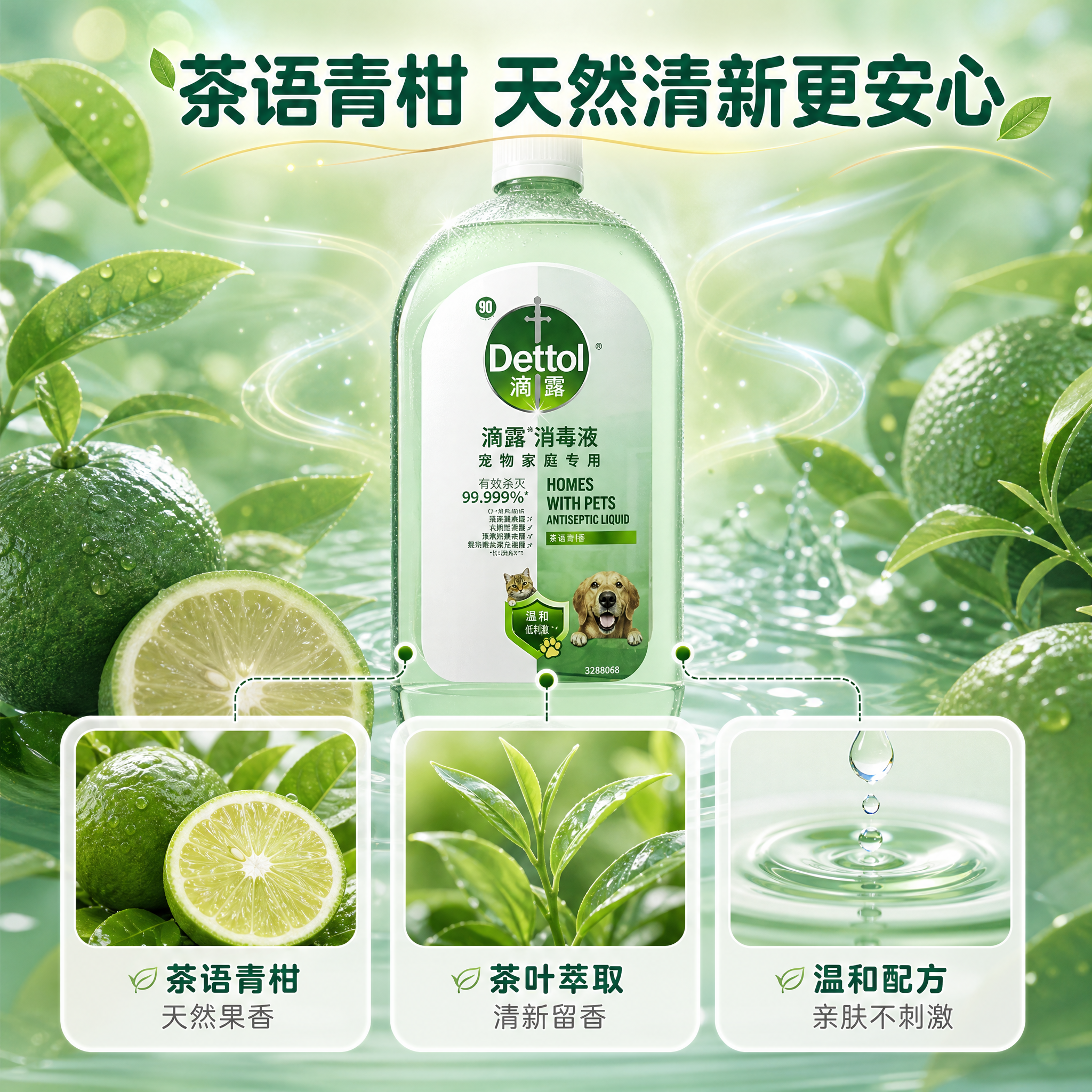 [主图-3] 滴露宠物消毒液茶语青柑香味细节与成分安全图，突出… - 图片创意预览