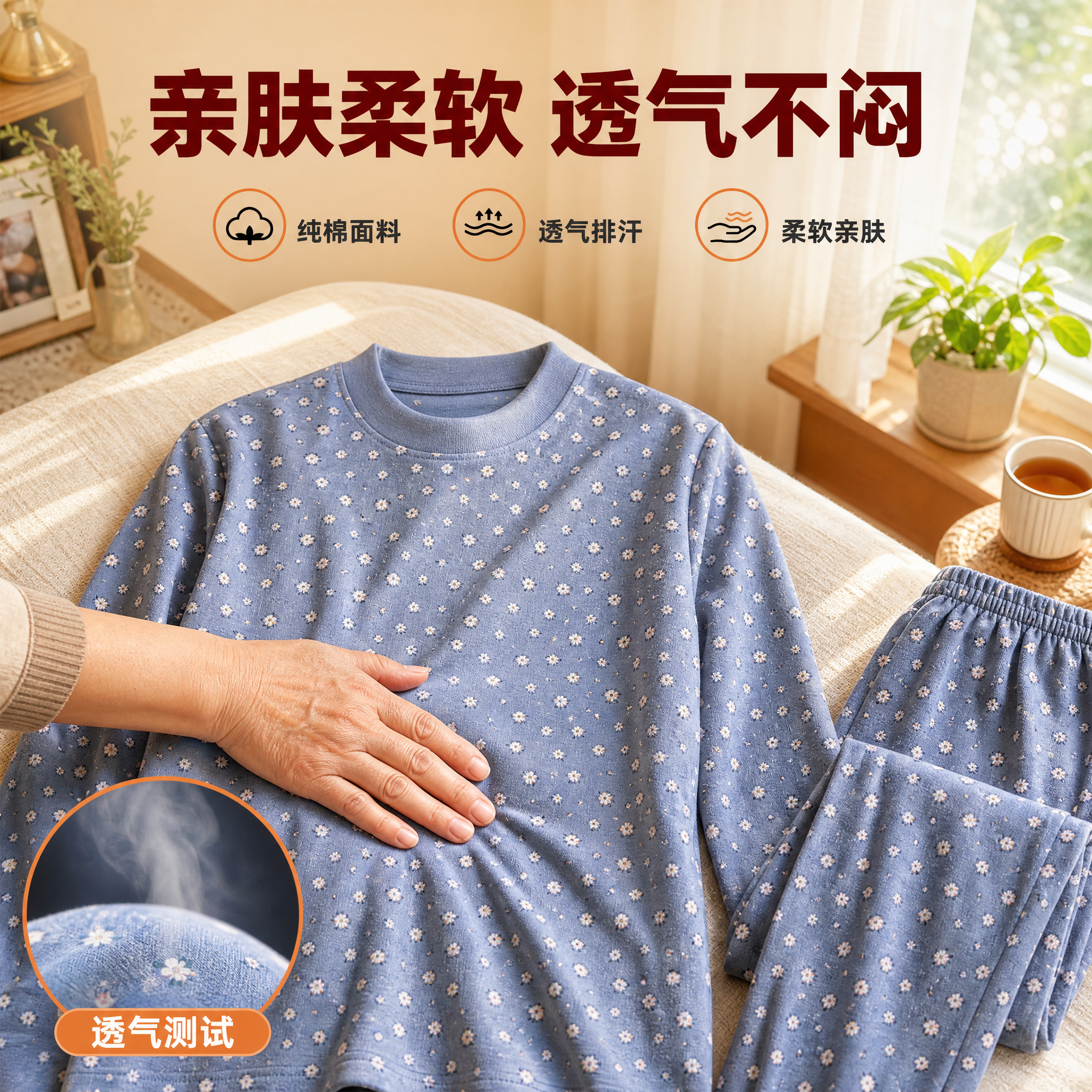 [主图-2] 中老年纯棉套头秋衣套装 蓝色碎花款 亲肤触感与透… - 图片创意预览