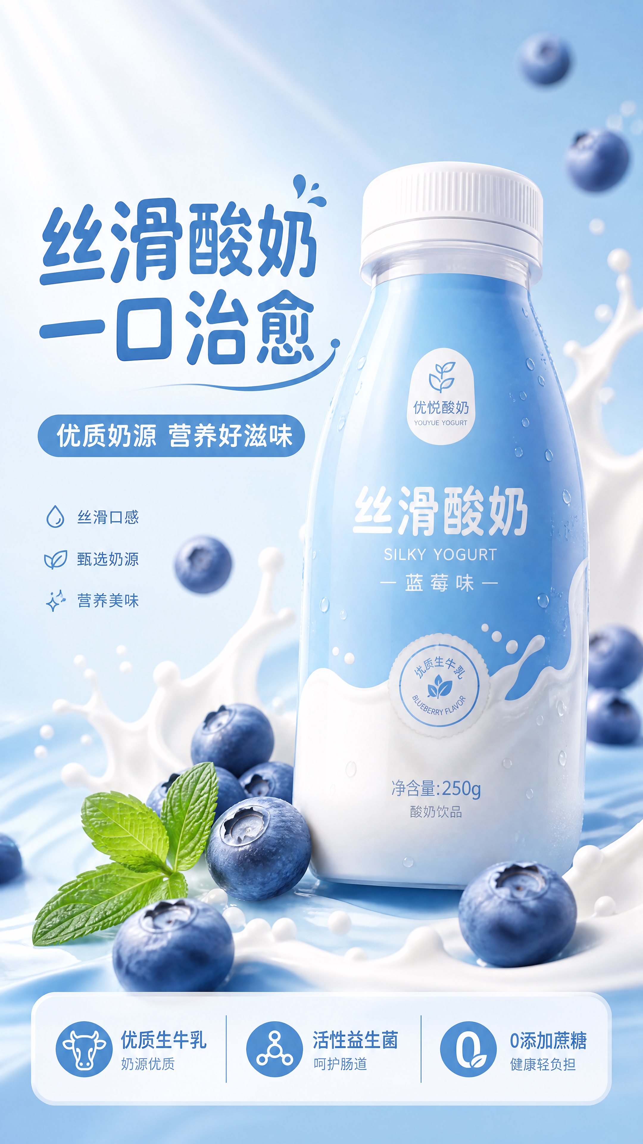 [第1张] 详情页头图-蓝色调酸奶品牌主视觉海报。文生图，无产… - 图片创意预览