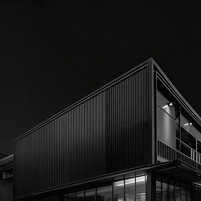 保留原始的黑色背景和黑色现代建筑，移除图片中所有人物、文字、logo图标和底部功能区块，保持原始背景和建筑的完整风格不变