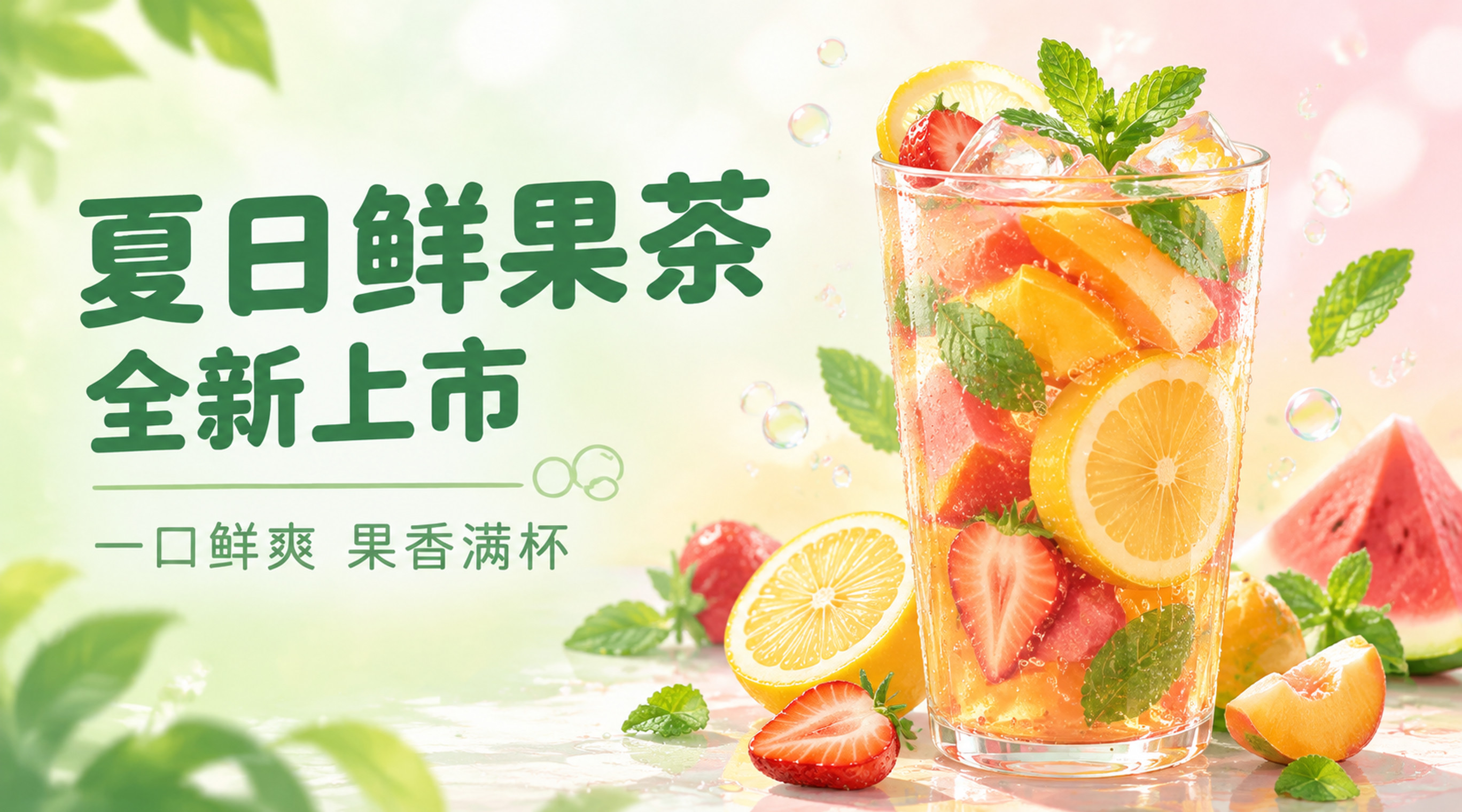 横版公众号封面海报，治愈系清新插画风格，浅青柠绿与淡桃粉双色主… - 图片创意预览