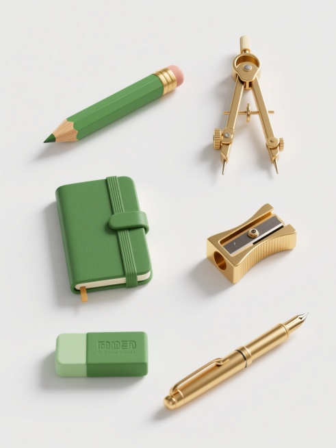 六个完全不同的文具元素，每个元素都保持与原图一致的写实3D渲染风格，主色调为绿色和金色，精细的材质表现，包括木质纹理和金属光泽，纯色白色背景，元素分别为：1. 绿色木质铅笔，2. 金色金属圆规，3. 绿色硬壳笔记本，4. 金色卷笔刀，5. 绿色橡皮擦，6. 金色钢笔，所有元素规整排布成两行三列，保持统一的光影效果和视觉质感。预览效果