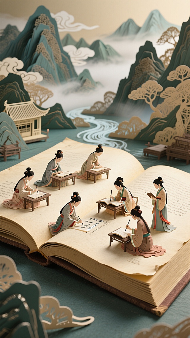 巨型泛黄书页平铺打开，上面是立体的古代学堂剪纸，一群女子在读书写诗，背景是立体国风山水剪纸。