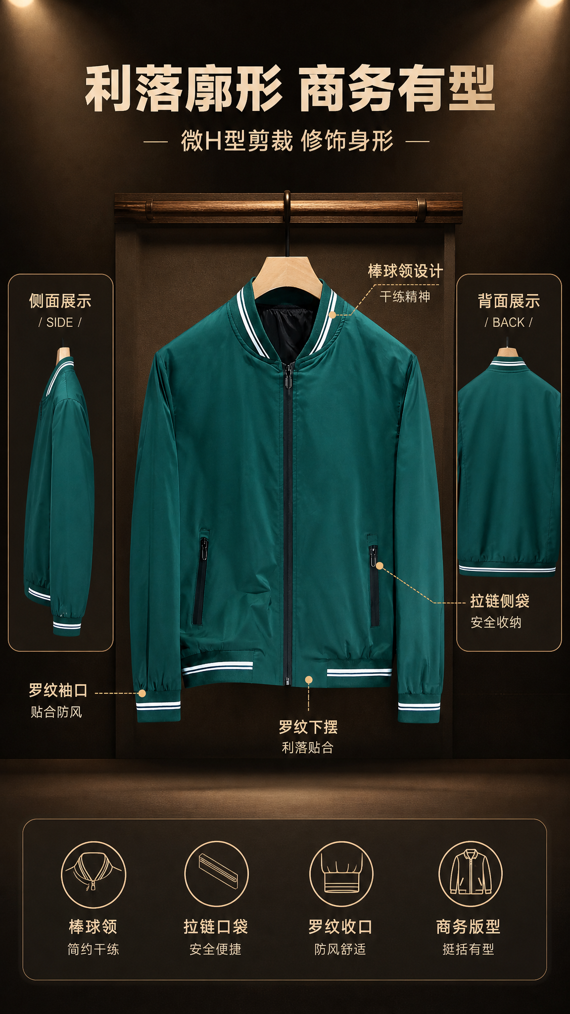 [第2张] 详情页版型解析-墨绿轻奢棒球领夹克多角度廓形展示。… - 图片创意预览