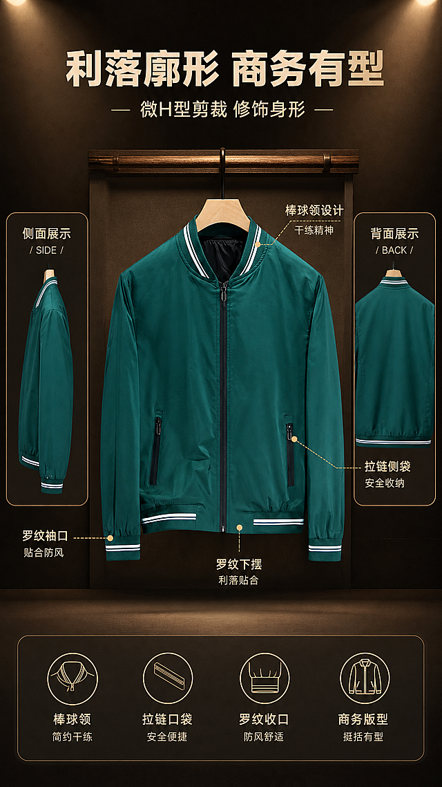 [第2张] 详情页版型解析-墨绿轻奢棒球领夹克多角度廓形展示。本张使用【图1】作为商品主体。
[氛围/风格] 简约商务风，暖调光影，商业产品摄影质感，信息图版式。
[元素布局] 画面中央展示夹克正面全貌，占比约45%；左右两侧分别排列侧面图和背面图小图，各占约20%；背景为深棕色轻奢背景+木质挂架+暖光效果；从棒球领、肩线、袖口、下摆、口袋处引出细线标注设计亮点；保持夹克颜色、棒球领罗纹、结构、拉链与输入图一致。
[光影质感] 顶部暖光聚光灯照明，左右辅光补光，衣服褶皱自然，面料质感清晰，立体感强，底部柔和投影。
[配色色系] 全局底色 #1F2520 深墨绿黑色；主色墨绿商务夹克；辅助色金色线条、白色文字；点缀色金属银拉链。
[视角构图] 中间主图+左右双小图布局，阅读动线从主标题→主图→两侧细节小图→底部卖点。
[文字版式] 版式为顶部居中标题+中主图左右双小图+底部卖点条。主标题「利落廓形 商务有型」，副标题「微H型剪裁 修饰身形」，无衬线粗体居中；引线标注文字：「棒球领设计 干练精神」「拉链侧袋 安全收纳」「罗纹袖口 贴合防风」「罗纹下摆 利落贴合」；底部4个图标配短句：棒球领/拉链口袋/罗纹收口/商务版型。
[比例分辨率] 9:16 竖版比例，2K分辨率，文字清晰可辨，高清画质。
[负向提示词] 衣服变形，比例失调，罗纹错乱，颜色偏差，水印，文字错乱，结构错误。
