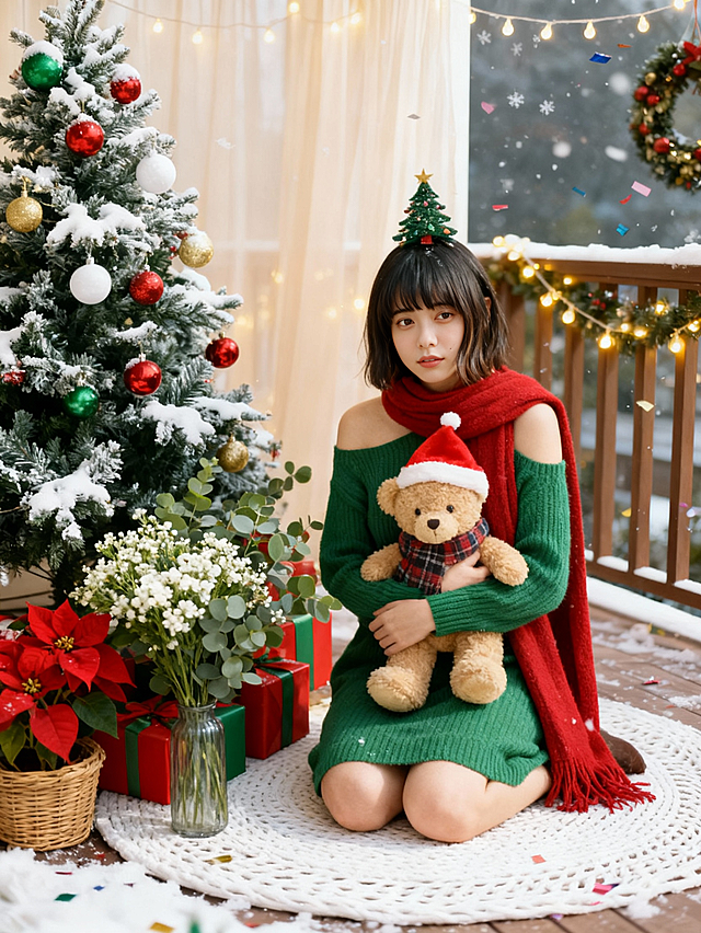 人物带迷你圣诞树发饰，穿绿色露肩针织裙、围红色长围巾跪坐在白色藤编地毯上，怀中抱戴圣诞帽、围格纹围巾的毛绒熊。左侧是覆雪圣诞树（装饰红 / 绿 / 金 / 白球），树下堆红绿色礼盒，周围环绕红色一品红、白色满天星、绿色尤加利叶组成的花艺簇，搭配透明玻璃花瓶与编织篮。背景为浅米色纱帘 + 木质露台围栏，缠绕暖黄串灯与圣诞花环，点缀飘落的雪花与彩纸碎。清新治愈氛围，色调以绿、红、白、嫩绿为主。
