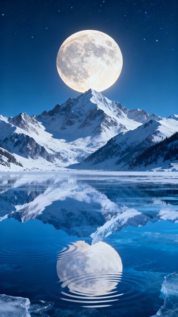 夜晚的北极景观，深蓝色渐变天空中悬挂着一轮巨大明亮的满月，柔和的月光洒在覆盖着皑皑白雪的连绵山脉上，山脉轮廓清晰可见，山脚下是平静如镜的冰蓝色水面，完美倒映着天空、月亮和山脉的景象，水面上有轻微的涟漪，远处天空中点缀着几颗稀疏的星星，整体画面呈现出超现实的宁静、清冷而壮丽的氛围，具有高度细节的3D渲染质感，色彩以深蓝、冰蓝和白色为主，光影对比柔和，构图采用对称平衡的布局，给人一种开阔悠远的视觉……预览效果
