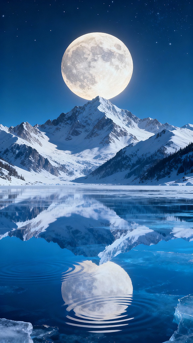 夜晚的北极景观，深蓝色渐变天空中悬挂着一轮巨大明亮的满月，柔和的月光洒在覆盖着皑皑白雪的连绵山脉上，山脉轮廓清晰可见，山脚下是平静如镜的冰蓝色水面，完美倒映着天空、月亮和山脉的景象，水面上有轻微的涟漪，远处天空中点缀着几颗稀疏的星星，整体画面呈现出超现实的宁静、清冷而壮丽的氛围，具有高度细节的3D渲染质感，色彩以深蓝、冰蓝和白色为主，光影对比柔和，构图采用对称平衡的布局，给人一种开阔悠远的视觉感受。