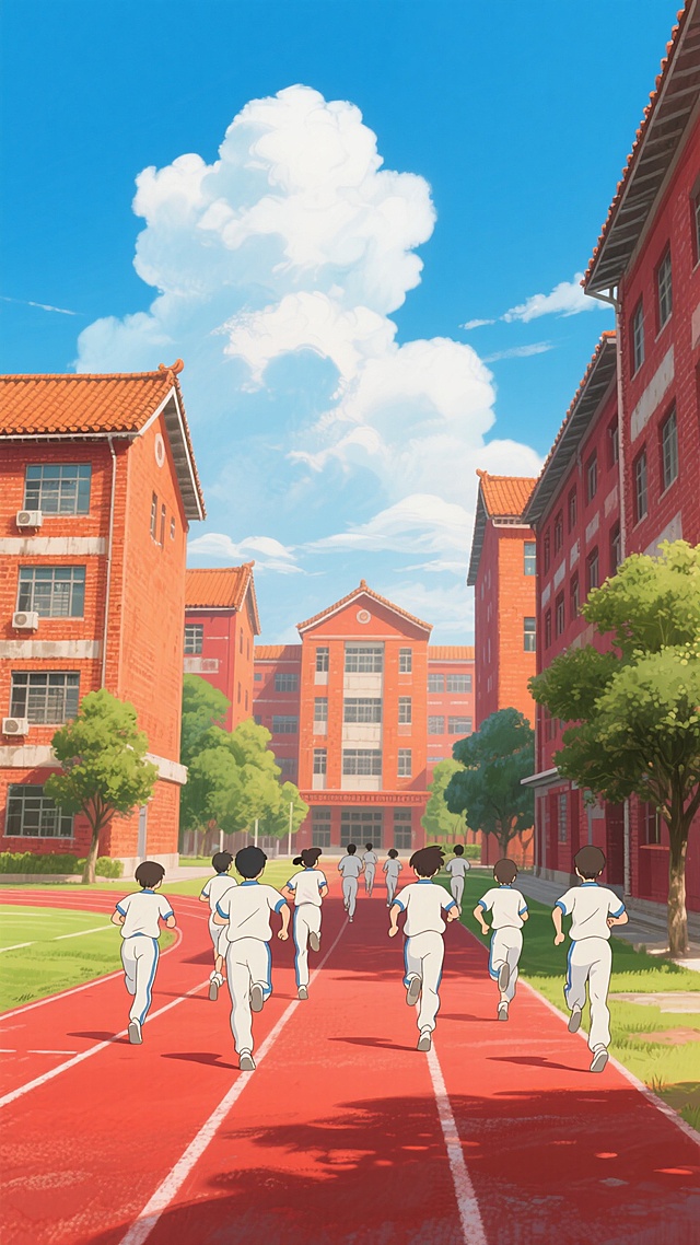 宫崎骏动画风格插画，蓝天白云下的红砖教学楼群，橙红色调建筑屋顶有传统斜顶设计，教学楼间有绿树点缀，红色塑胶跑道上一群穿着白色运动服的学生在奔跑，画面明亮清新充满青春活力，整体构图开阔，人物动态自然，建筑细节富有手绘质感，光影柔和温暖，展现校园生活的美好氛围。