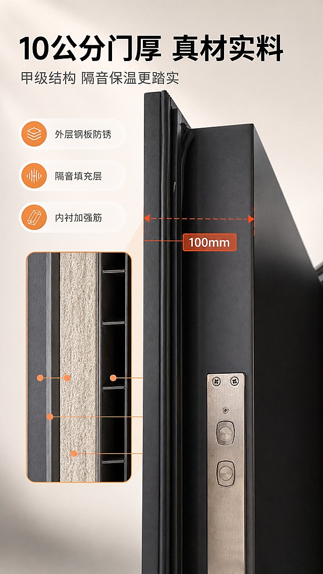[商品] 使用【图35】防盗门侧面厚度实拍图为主；保留深灰门体、侧边锁体导向片、锁舌孔、黑色密封条和厚实门扇轮廓；剖面层示意以轻微透视叠加呈现，不改变原图结构颜色。
[画面] 目标证明10公分门厚与结构工艺；左侧为门体侧剖面局部放大：外层钢板、中间隔音填充层、内衬加强筋三层结构以切面示意+细线标注，右侧红框标注“100mm”测量引线；产品占画面60%，背景暖白浅灰渐变。
[视觉] 套系策略：风格=现代高端家居商业摄影；标题字=现代无衬线粗体；正文字=简洁现代无衬线体；主色=深炭灰；背景延展=暖白至浅暖灰细腻渐变、哑光墙面质感；强调色=暖橙色，仅用于小面积图标、引线、标签和局部光效；标题色=深炭黑；正文色=中暖灰；组件=圆角浅色信息卡、细线引线、圆角小图标；光影=右前侧暖柔光、室内自然光。剖面线、引线和标注使用暖橙强调。
[文字] 主标题“10公分门厚 真材实料”，副标题“甲级结构 隔音保温更踏实”，信息点3个：“外层钢板防锈”“隔音填充层”“内衬加强筋”，全部横向排版，标注文字不遮挡锁体与密封条。
[规格] 9:16竖版，4K画质，避免结构错乱、门体变形、错字、竖排文字、冷蓝背景、电商平台Logo/水印、绝对化用语。