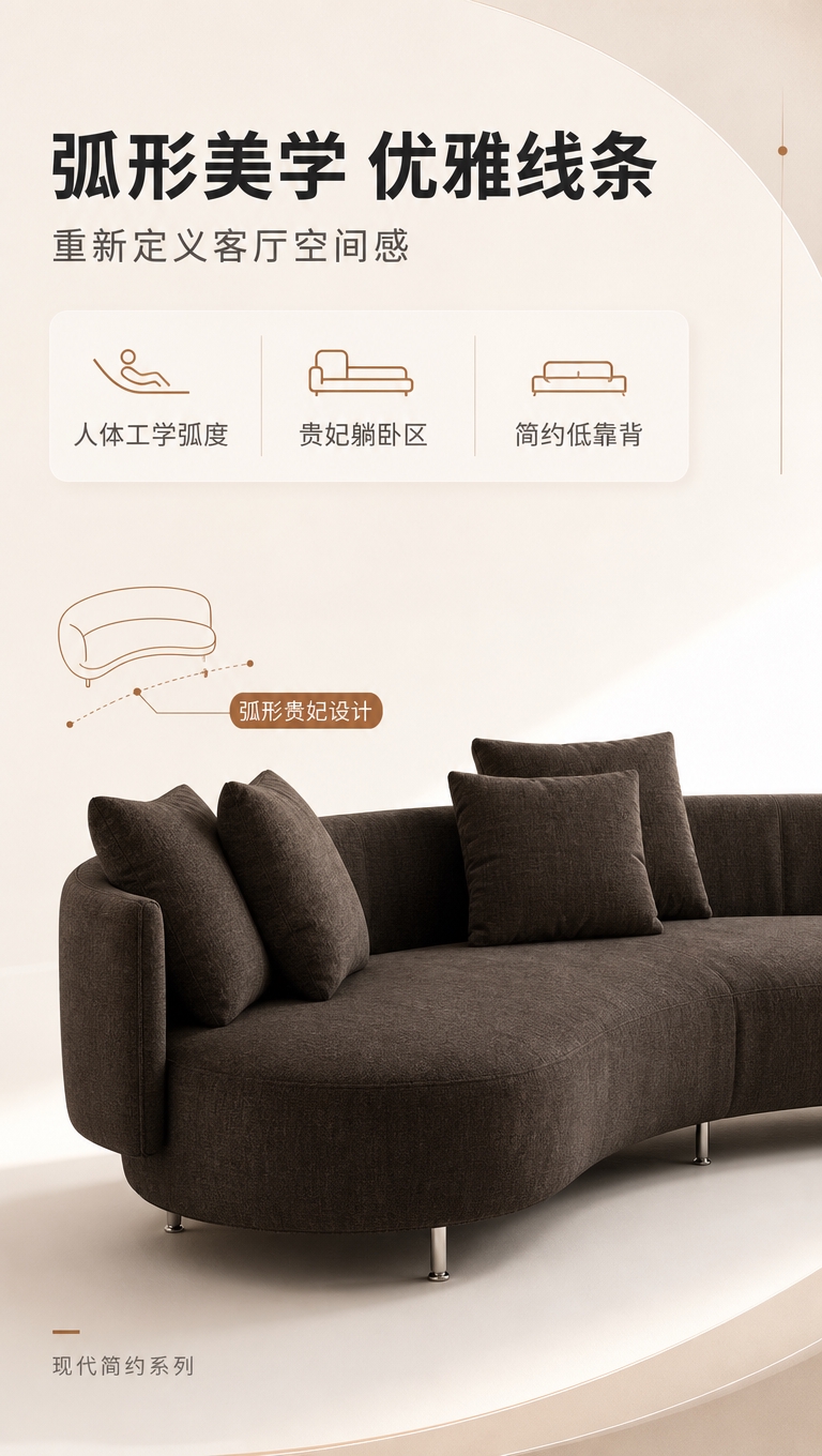 [商品] 使用【图1】深咖色弧形三人位贵妃休闲沙发；保留弧形贵… - 图片创意预览