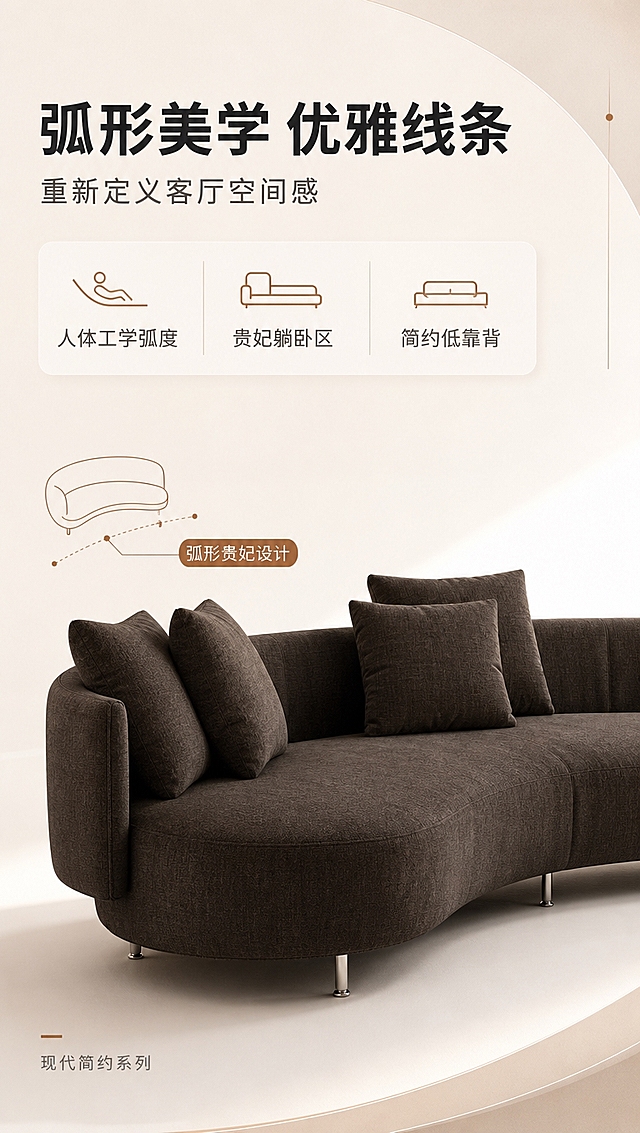 [商品] 使用【图1】深咖色弧形三人位贵妃休闲沙发；保留弧形贵妃轮廓、低靠背设计、深咖色面料、金属细脚、整体比例结构；自然理顺面料褶皱，增强布艺纹理质感，不改变颜色和结构。
[画面] 目标：设计美学页，解析弧形贵妃造型的现代简约设计语言。构图：上文下景竖版布局，顶部1/4为文案区，底部3/4为沙发侧视角度特写；沙发以侧面贵妃位为主视角，占画面约60%，展示流畅弧形线条；背景为纯白色渐变影棚背景，搭配几何线条装饰元素；左侧有细线勾勒的弧形轮廓示意图，标注「弧形贵妃设计」。
[视觉] 套系策略：风格=现代简约亮色调商业家居摄影；标题字=思源黑体粗体；正文字=思源黑体常规；主色=暖米白+深咖；背景延展=基于暖米白做深浅层级、同色渐变和细腻哑光质感；强调色=焦糖棕，仅用于小面积图标、引线、标签和局部光效；标题色=深炭灰；正文色=中暖灰；组件=圆角浅底信息卡、细线引线、数字序号胶囊；光影=右前侧暖柔光，柔和漫反射。
[文字] 顶部文案区：主标题「弧形美学 优雅线条」（8字），副标题「重新定义客厅空间感」（9字），下方3个设计亮点图标+文字：「人体工学弧度」「贵妃躺卧区」「简约低靠背」；底部小字「现代简约系列」；文字全部横排，不遮挡沙发主体。
[规格] 图片比例9:16竖版，4K分辨率，淘宝/天猫详情页适配，中文文案；避免变形、错字、文字过小、冷蓝/冷灰背景、沙发颜色改变、结构失真、极限词。