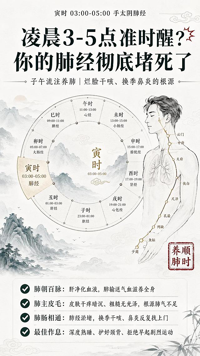 9:16小红书竖版封面，新中式极简国风，低饱和茶白/墨青/浅灰配色，宣纸柔光肌理，高级留白，年轻化轻养生风格，干净轻盈无老旧厚重感，高清细腻。

画面中心绘制水墨十二时辰子午流注环形总图，高亮放大寅时肺经脉络（淡金色突出），手绘淡墨人体肺经线条从胸走手，搭配晨雾远山、祥云暗纹垫底，清冷治愈氛围。右下角朱砂红色国风印章"顺时养肺"。

完整文案排版，层级清晰：
顶部小字"寅时 03:00-05:00 手太阴肺经"
大标题痛点吸睛，粗体醒目带爆炸图标："凌晨3-5点准时醒？你的肺经彻底堵死了"
副标题纤细宋体："子午流注养肺｜烂脸干咳、换季鼻炎的根源"

画面下方核心释义，极简大字，4条带对勾图标纵向排列：
✔ 肺朝百脉：肝净化血液，肺输送气血滋养全身
✔ 肺主皮毛：皮肤干痒暗沉、粗糙无光泽，根源肺气不足
✔ 肺肠相通：肺经淤堵，换季干咳、鼻炎反复找上门
✔ 最佳作息：深度熟睡、护好颈背、拒绝早起剧烈运动

所有文字清晰可读、工整准确，无错字无糊字。整体轻盈通透、年轻高级。