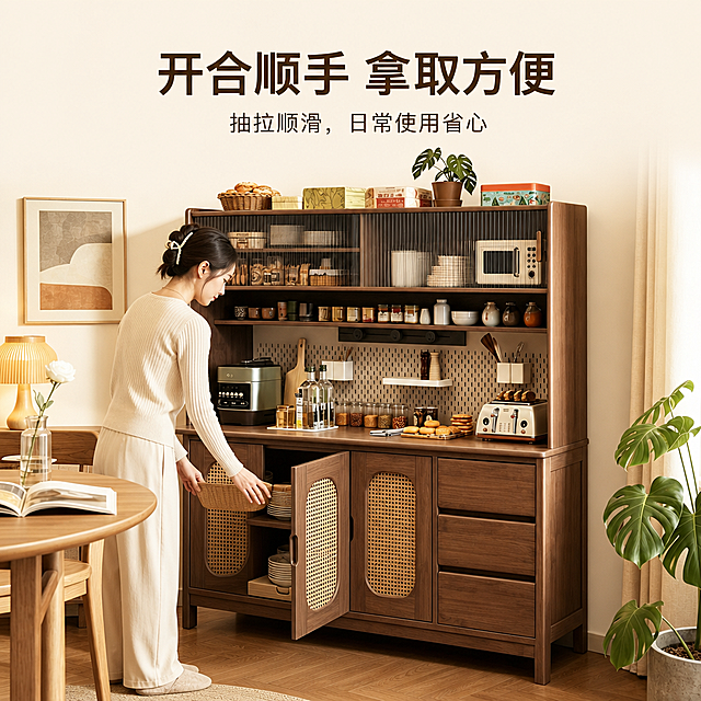 [第5屏] 沉浸使用体验-真人使用实木餐边柜演示页。本屏使用【图1】作为柜体主体。
[氛围/风格] 真实生活化场景，自然温馨氛围，亚洲年轻女性模特，柔和自然光，生动使用氛围。
[元素布局] 餐边柜放在原位，模特侧身站在柜体旁，右手拉开藤编柜门，正在取放餐具；模特自然互动，柜体位置、结构、颜色与原图保持一致，场景保留原有餐厅软装搭配。
[光影质感] 左侧入户自然光，整体明亮柔和，模特与柜体光影自然，真实感强。
[配色色系] 全局底色 #F9F3E9，主色胡桃木棕，辅助色浅米墙面，模特穿搭浅色系，绿色植物点缀。
[视角构图] 平视自然视角，主体为柜体和模特互动，视觉中心明确，阅读动线自然。
[文字版式] 顶部主标题「开合顺手 拿取方便」，副标题「抽拉顺滑，日常使用省心」，文字居中排版，不遮挡柜体和互动动作。
[比例分辨率] 9:16竖版比例，4K分辨率，文字清晰可辨，高清画质。
[负向提示词] 柜体变形，模特五官扭曲，动作僵硬，颜色偏差，文字错乱，水印，背景杂乱