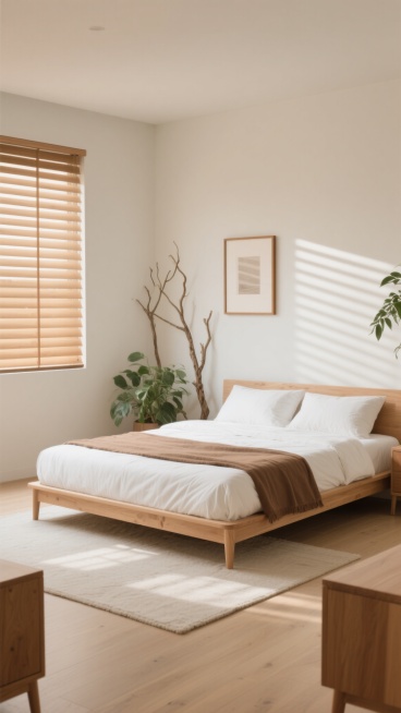 极简主义风格卧室，柔和的米白色墙壁搭配浅色木地板，自然光透过木质百叶窗在墙面和地面投下温暖的光影条纹，低饱和度的原木色双人床铺有白色床单和棕色床尾巾，床尾铺设大面积浅色地毯，墙边挂有简约的木质边框装饰画，角落摆放枯树枝装饰和茂盛的绿植，整体色调温暖和谐，光线明亮柔和，营造出宁静舒适的氛围，不同角度展示房间内的家具摆设，采用新的配色方案保持极简温馨的整体风格统一性。预览效果