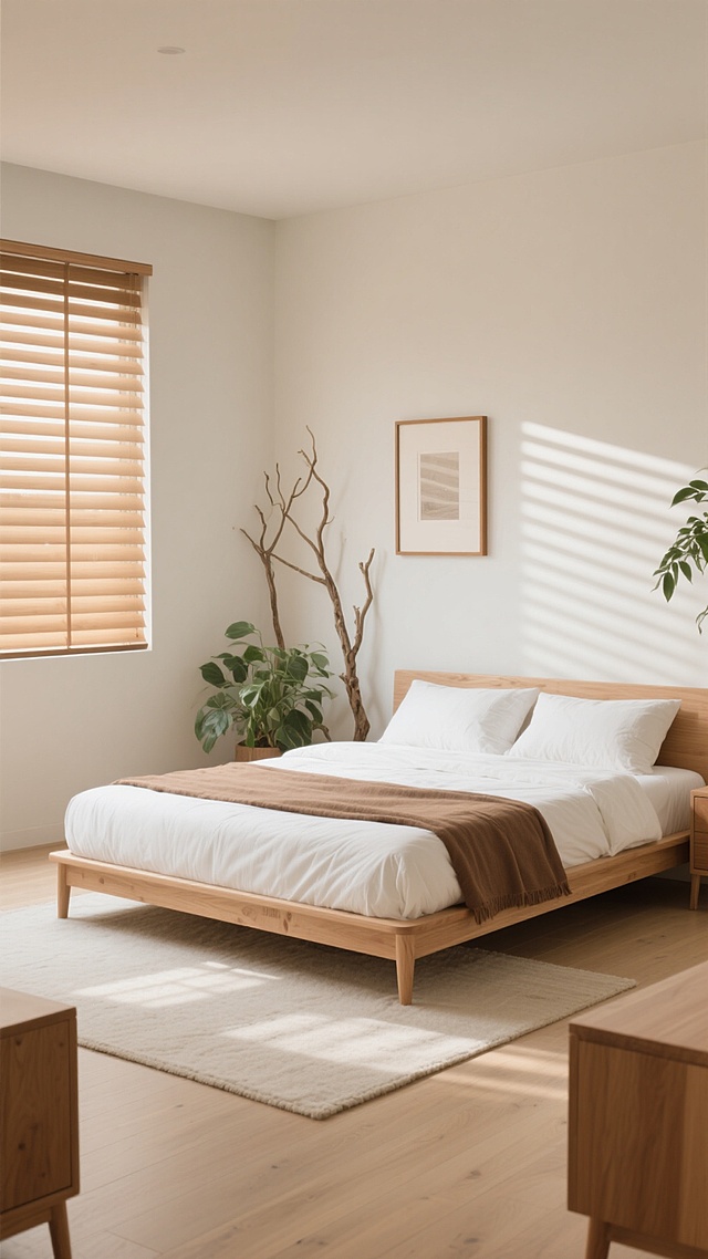 极简主义风格卧室，柔和的米白色墙壁搭配浅色木地板，自然光透过木质百叶窗在墙面和地面投下温暖的光影条纹，低饱和度的原木色双人床铺有白色床单和棕色床尾巾，床尾铺设大面积浅色地毯，墙边挂有简约的木质边框装饰画，角落摆放枯树枝装饰和茂盛的绿植，整体色调温暖和谐，光线明亮柔和，营造出宁静舒适的氛围，不同角度展示房间内的家具摆设，采用新的配色方案保持极简温馨的整体风格统一性。