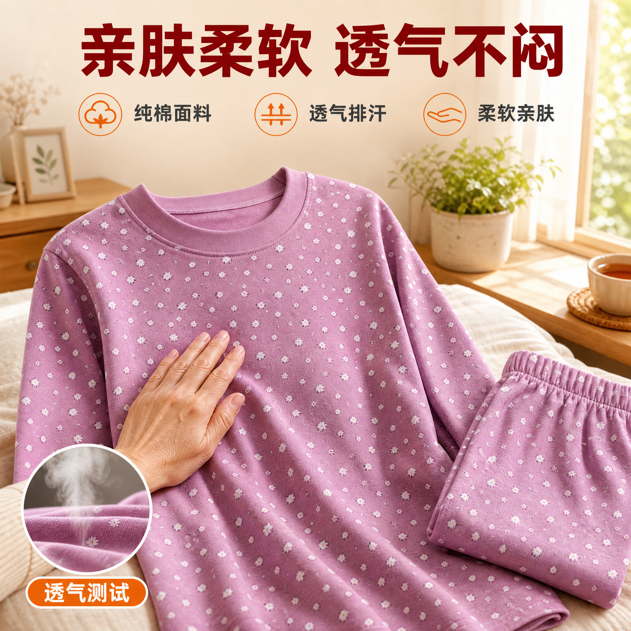 [主图-2] 中老年纯棉套头秋衣套装 紫色碎花款 亲肤触感与透… - 图片创意预览