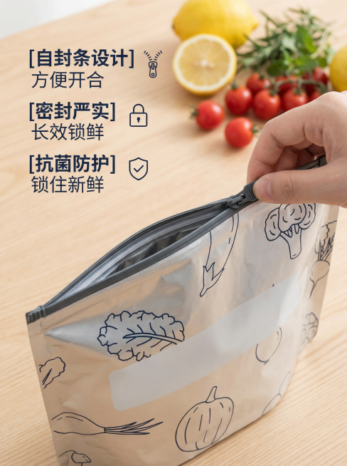 [主图 2] 铝箔保鲜袋核心卖点展示
[氛围/风格] 日式简约，干净明亮，精致生活感
[画面元素] 铝箔保鲜袋放置在浅色木质背景上，重点展示顶部自封条设计，特写展示密封严实的开合结构，一只手正在拉开自预览效果