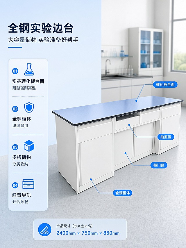 [商品] 使用【图5】全钢实验边台/准备台；保留蓝灰色实芯理化板台面（黑色封边）、白色全钢柜体、多组抽屉与柜门组合、左侧大抽屉大柜门、中间两抽屉两柜门、右侧抽屉加柜门等全部结构与颜色；去除原图背景中的纸箱和水泥地面，修复产品清晰度，增强材质质感，台面光滑反光，柜体干净平整，五金拉手清晰。
[画面] 页面目标：全钢实验边台储物结构与台面细节展示；左文右图布局，产品占画面约60%，产品呈45°侧视角度放置于干净的实验室准备室场景中，背景为浅色墙面和防滑地面，左侧留白放置文字信息；画面层次：左侧文字信息卡、中景边台主体、后景虚化实验室环境。
[视觉] 套系策略：风格=现代简约科技风教育装备商业摄影；标题字=思源黑体粗体；正文字=思源黑体常规；主色=科技蓝（#2B7DE5）；背景延展=基于科技蓝做浅蓝到白色的渐变背景，搭配浅灰色实验室地面与白色墙面，同色系深浅层级；强调色=亮蓝色（#00B4FF），仅用于小面积图标、引线、尺寸标注线和标签；标题色=深蓝灰（#1A2B4A）；正文色=中灰（#4A5568）；组件=圆角浅蓝信息卡、细线引线标注、蓝色数字标签；光影=左前侧柔和自然光，产品下方有自然接触阴影，台面有轻微环境反光。
[文字] 左侧信息区：主标题「全钢实验边台」，副标题「大容量储物 实验准备好帮手」；下方4个卖点：①实芯理化板台面 耐酸碱耐高温 ②全钢柜体 坚固耐用 ③多格储物 分类收纳 ④静音导轨 开合顺畅；产品图上用蓝色引线标注：理化板台面、抽屉区、柜门区、全钢柜体；底部标注产品尺寸（长×宽×高）；文字全部横向排版，不遮挡产品主体。
[规格] 图片比例3:4竖版，4K分辨率，负向提示：避免变形、错字、文字过小、颜色偏差、结构缺失、柜体划痕、背景出现纸箱、地面脏乱。