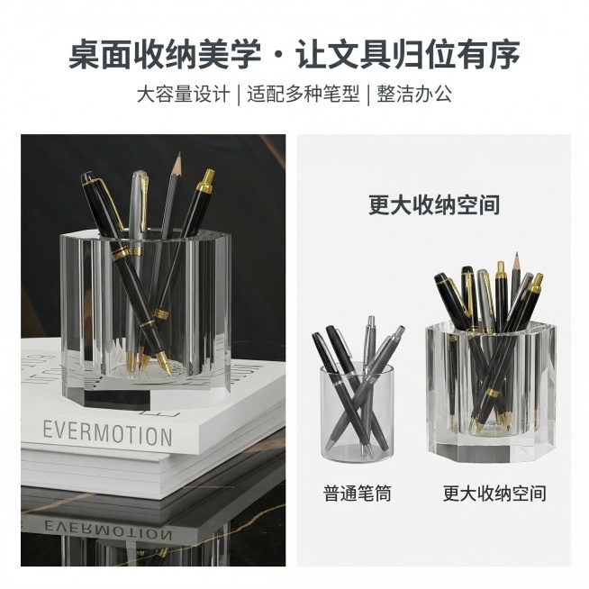 严格还原上传的水晶笔筒产品图，保留包装设计、颜色、LOGO位置、文字内容、图案元素等所有细节，笔筒尺寸80mm×80mm×100mm。海报设计：1:1尺寸，极简轻奢商务风格，杂志级精致排版，左右分栏对预览效果
