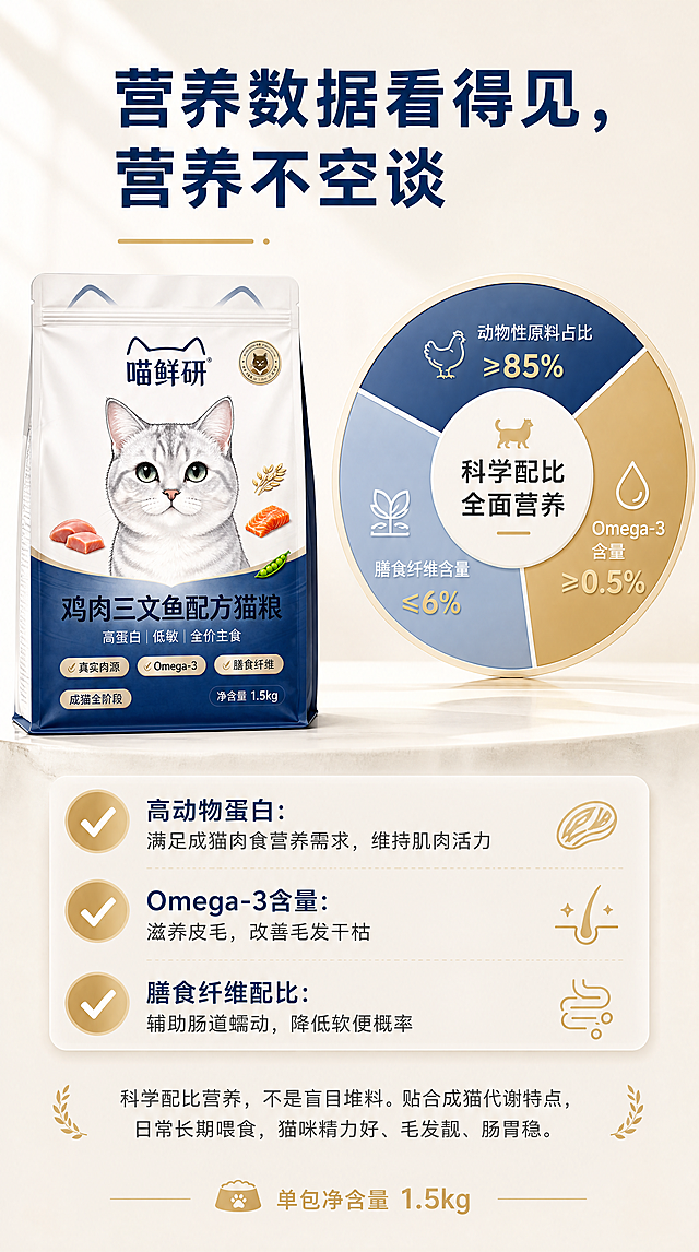 [商品] 使用【图1】喵鲜研鸡肉三文鱼配方猫粮包装袋；保留全部包装元素；包装袋置于画面左侧中部，约占画面30%，侧面展示产品。
[画面] 数据证明屏，营养数据可视化增强说服力；浅米白柔光底，右侧圆形数据可视化图表（蓝金色调，简洁环形/饼图风格），左侧产品图+标题+数据文案；画面层次：背景→产品图+图表→文字信息，≥3层信息层级，图表简洁易懂。
[视觉] 套系策略：风格=干净高级自然轻奢商业摄影风，写实柔和；标题字=现代无衬线粗体（思源黑体类）；正文字=简洁无衬线体；主色=深海蓝+米白+浅金；背景延展=浅米白渐变底，细腻质感；强调色=浅金色，用于图表高亮、数据数字、图标；标题色=深海蓝；正文色=深灰；组件=圆形数据图表、金色数据数字、浅米色信息卡；光影=均匀柔光，图表有轻微立体感。
[文字] 顶部大标题（深海蓝粗体）：「营养数据看得见，营养不空谈」；右侧圆形数据图表，中心突出核心数据概念；左侧3组数据文案（带✅图标）：1.「高动物蛋白：满足成猫肉食营养需求，维持肌肉活力」2.「Omega-3含量：滋养皮毛，改善毛发干枯」3.「膳食纤维配比：辅助肠道蠕动，降低软便概率」；下方辅助文案（中灰色）：「科学配比营养，不是盲目堆料。贴合成猫代谢特点，日常长期喂食，猫咪精力好、毛发靓、肠胃稳。」；底部小字提示（浅金色）：「单包净含量 1.5kg」；所有文字横排，数据文案克制不夸大。
[规格] 图片比例9:16竖版（750×1334），分辨率4K，负向提示：避免复杂专业术语、图表难懂、虚假数据、文字过小、错字、医疗化承诺、绝对化用语。