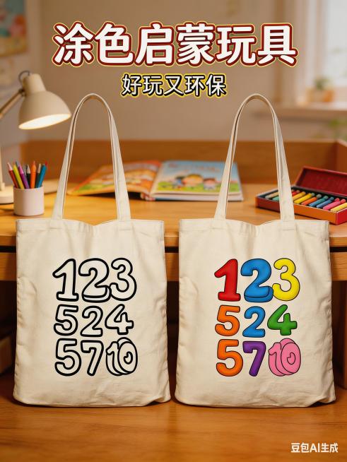 参考两张帆布袋图片生成小红书封面图，3:4比例，主标题大字写"涂色启蒙玩具"，副标题小字写"好玩又环保"，将两张帆布袋放在画面中心，一张是未涂色轮廓款一张是涂好色成品款，背景替换为温馨明亮的亲子书桌场预览效果