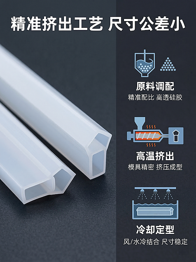 [垫图]https://gdesign-dam-hz.dancf.com/35828615913002003/fe548cbee17f496c93e743d25648191c.png
[模块主题] 五边形半透明LED硅胶灯罩挤出工艺
[氛围/风格] 简约工业风，冷调漫射光影，专业通透质感，和首屏风格统一
[画面元素] 左侧微距特写五边形硅胶灯罩截面，右侧分三步展示挤出成型工艺流程：原料调配→高温挤出→冷却定型，每个步骤搭配简约示意图，产品形态与原图一致，背景为深灰色磨砂纹理，铺满全屏无边框
[配色色系] 主色调：半透明白色硅胶、深灰背景；辅助色：冷蓝色流程示意图
[视角构图] 左右分栏布局，左产品右流程
[文字版式] 顶部主标题「精准挤出工艺 尺寸公差小」，每个工艺流程旁搭配对应说明文字，字体为粗黑体，白色，文字层级清晰，留有安全边距