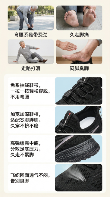 淘宝电商详情页第二屏，9:16竖版构图，清新简约风，米白色底色，浅蓝浅绿点缀，视觉清爽。上半部分：2×2布局的四个痛点场景小图，写实风格，分别是：①老人弯腰系鞋带费劲配对应文案"弯腰系鞋带费劲"；②老预览效果