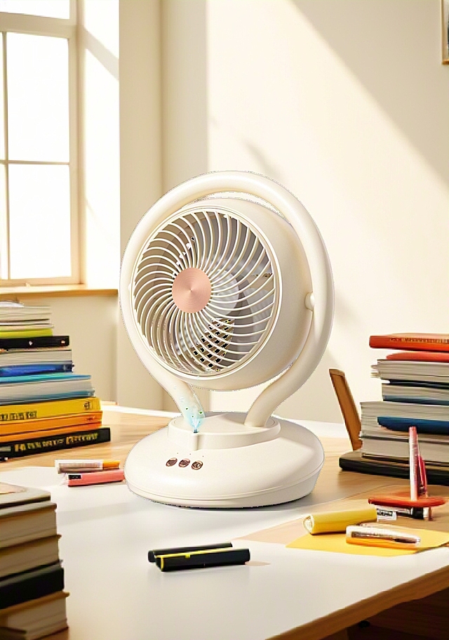 现代简约风格电扇，设计清爽舒适，线条流畅，营造夏日清凉氛围。