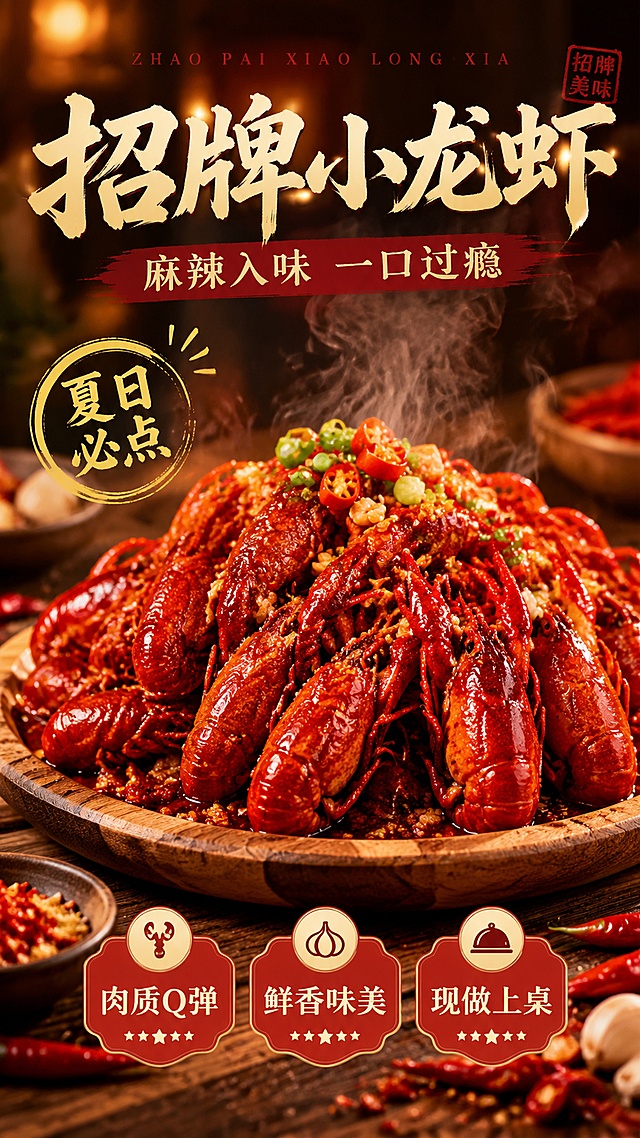 餐饮店小龙虾商品营销海报，写实商业摄影风格，食欲感暖光氛围，画面中心是堆放在木质餐盘上的红彤彤麻辣小龙虾，热气腾腾，色泽诱人。主标题文字“招牌小龙虾”，副标题文字“麻辣入味 一口过瘾”，装饰文案“夏日必点”，三个卖点标签分别是“肉质Q弹”、“鲜香味美”、“现做上桌”。版式精美，分区清晰，9:16竖版，暖红色调搭配木质背景，前景点缀辣椒和蒜末，背景虚化突出主体，超高清分辨率，文字清晰可读，整体营造热闹食欲感，吸引客户购买。