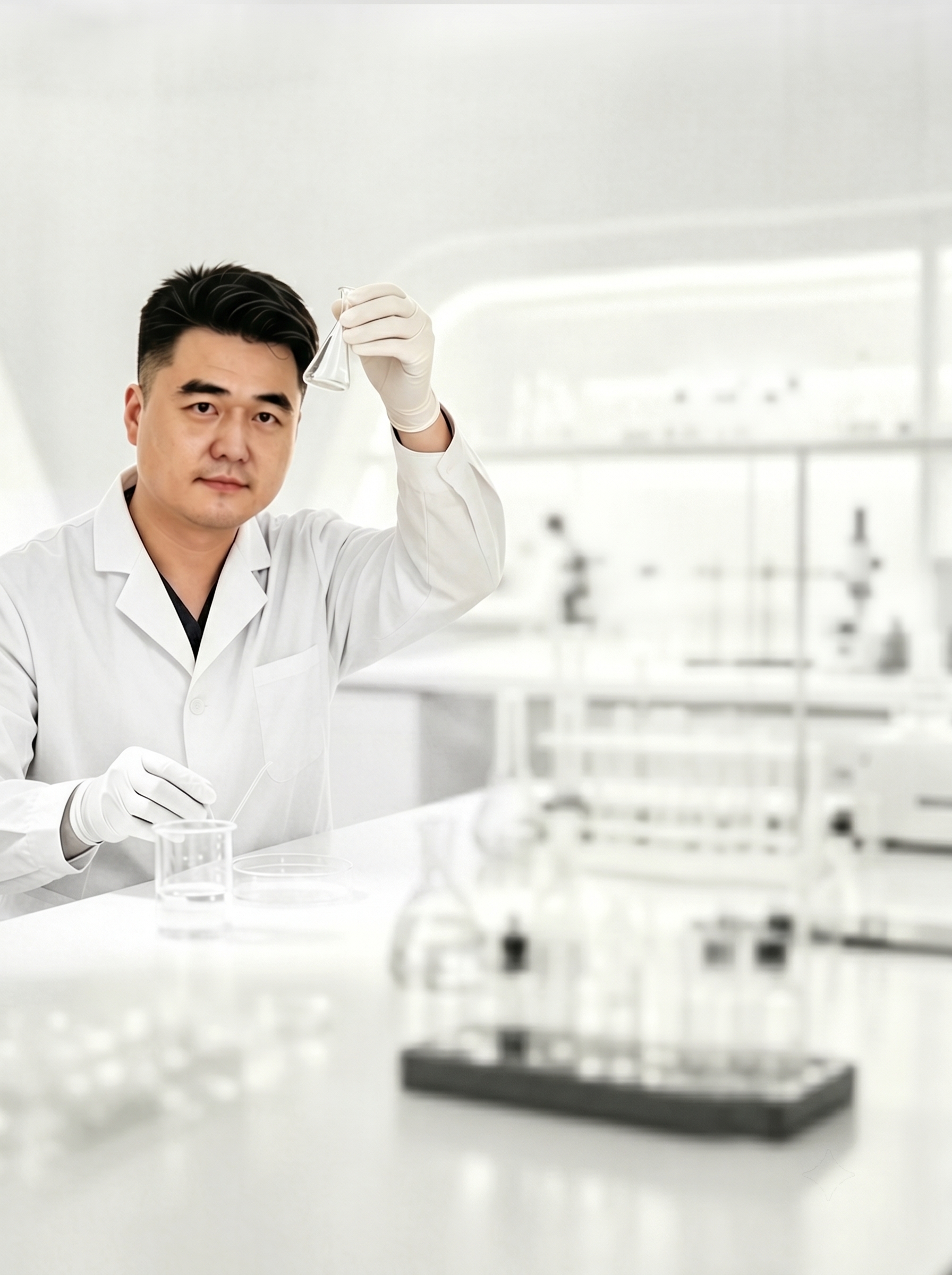 将图二的人物放入图一的实验室场景中，人物穿着白大褂戴手套，手持… - 图片创意预览