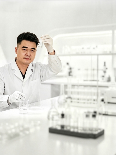 将图二的人物放入图一的实验室场景中，人物穿着白大褂戴手套，手持锥形瓶做观察实验，保持图一明亮简约干净的色调氛围，整体色调和谐统一预览效果
