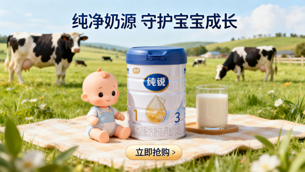 温馨治愈风格奶粉电商首页图，画面中心是摆放着的高端奶粉罐，罐体印有品牌标识，旁边搭配可爱的婴儿玩偶和新鲜的奶源牧场背景，顶部有"纯净奶源 守护宝宝成长"的文案，底部设置"立即抢购"按钮，整体色调柔和温预览效果