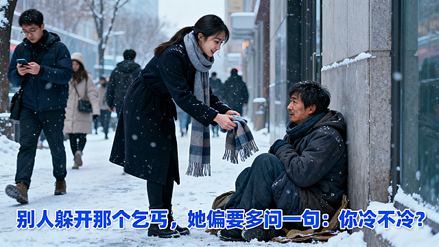 真人摄影风格，寒冷冬日街头，亚洲温柔美女把自己的围巾或外套递给一个蜷缩在角落的亚洲男子，神情真诚温暖，周围路人视而不见，电影质感，图片底部叠加冷蓝色标题文字"别人躲开那个乞丐，她偏要多问一句：你冷不冷？"