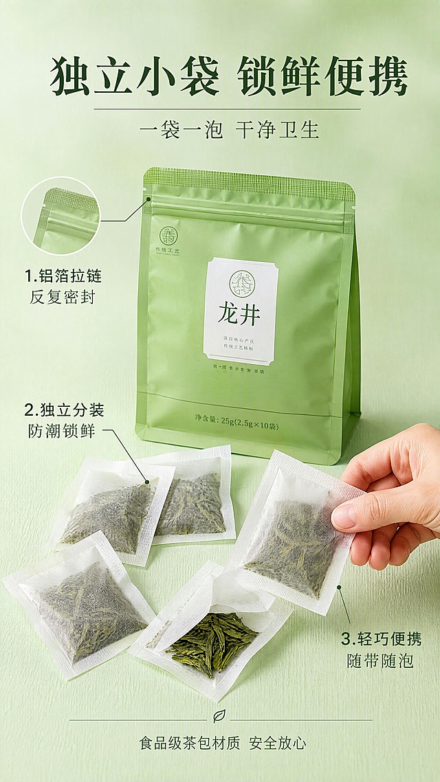 [第7张] 详情页包装细节页-独立小袋便携防潮设计。本张使用【图1】作为产品包装参考。
[氛围/风格] 简约精致风，产品细节特写，商业摄影质感。
[元素布局] 画面中央偏上为龙井袋泡茶绿色外包装袋，展示封口拉链细节；下方散落4-5包独立小茶包，其中一包撕开一角露出茶叶碎；一只手正在拿取一包小茶包（仅手部）；背景为浅绿渐变，底部有细腻纹理；产品占比约65%。
[光影质感] 均匀柔光，包装材质清晰，拉链细节突出，小茶包纸质纹理可见，整体干净明亮。
[配色色系] 全局底色 #E8F5E9 浅薄荷绿；主色包装绿 #66BB6A；辅助色米白、浅棕（手部）、深绿。
[视角构图] 正面微俯视，上包装下小袋，阅读动线从上到下。
[文字版式] 顶部主标题「独立小袋 锁鲜便携」宋体大字，副标题「一袋一泡 干净卫生」。三个卖点引线标注：1.指向拉链封口「铝箔拉链 反复密封」；2.指向小茶包「独立分装 防潮锁鲜」；3.指向手部动作「轻巧便携 随带随泡」。底部小字「食品级茶包材质 安全放心」。
[比例分辨率] 9:16 竖版比例，4K 分辨率，文字清晰可辨，高清画质。
[负向提示词] 包装变形，缺件错件，颜色偏差，水印，文字错乱，手部怪异，产品图模糊。