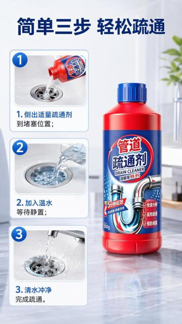 [第4屏] 使用演示-管道疏通剂三步使用流程。本屏使用【图1】作为商品主体。
[氛围/风格] 步骤演示清晰直观，生活化场景，真实操作感
[元素布局] 三步骤垂直排列，每个步骤配小示意图和文字说明，产品预览效果