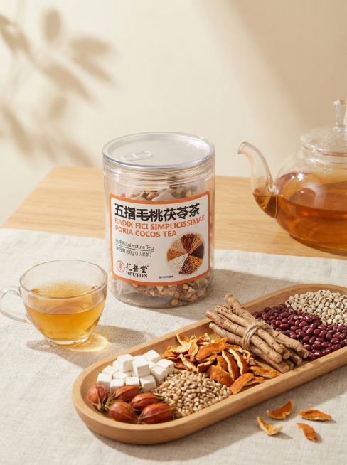 一幅突出自然质感与生活气息的商业摄影作品，采用浅色背景与木质桌面搭配亚麻布，营造温暖、健康的氛围。
画面以五指毛桃茯苓茶产品为视觉核心，轻微右侧面展示包装细节，体现产品立体感。
前景布局（左侧）： 透预览效果