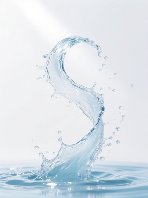 超写实摄影风格，纯净透明的水流以螺旋上升的动感水柱造型从底部喷溅而出，形成优美的弧形曲线，水花四溅，水珠晶莹剔透，底部水波纹层次丰富，主色调为清澈的浅蓝色与透明感交织，光线从顶部斜射，强调水流的高光与阴影细节，营造出轻盈灵动的氛围，背景为纯白色，突出水流主体的质感与动态美。预览效果