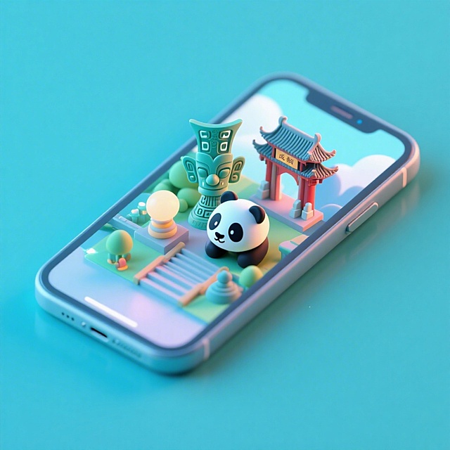 一个手机创意微缩场景，手机平放，侧面对着观众，手机俯视角度，立体的成都景观从屏幕内出来，有熊猫，三星堆，武侯祠，整体色调立体魔幻。青色背景。具有梦幻感,打光营造出柔和氛围强调梦幻和未来感的美学。